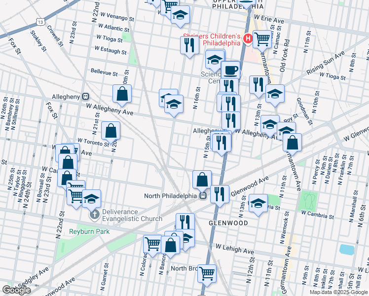 map of restaurants, bars, coffee shops, grocery stores, and more near 1608 West Clearfield Street in Philadelphia
