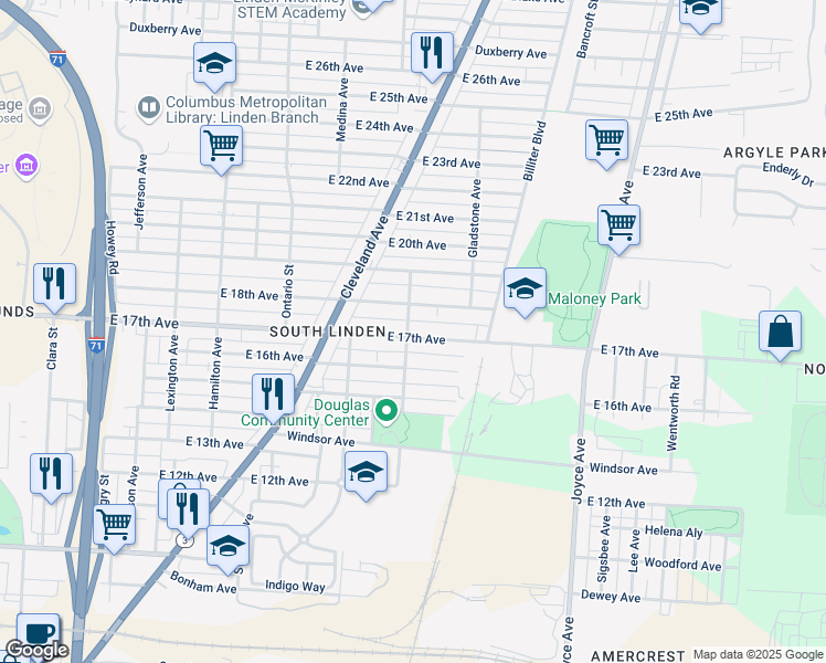 map of restaurants, bars, coffee shops, grocery stores, and more near 1308 East 17th Avenue in Columbus