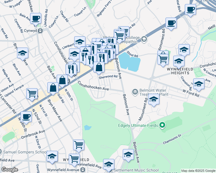 map of restaurants, bars, coffee shops, grocery stores, and more near 4511 Conshohocken Avenue in Philadelphia