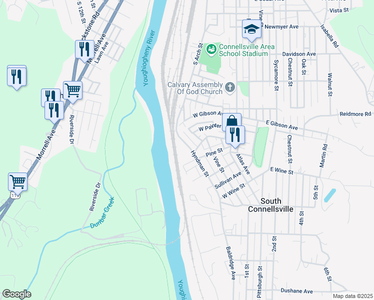 map of restaurants, bars, coffee shops, grocery stores, and more near 1524 Hyndman Street in Connellsville