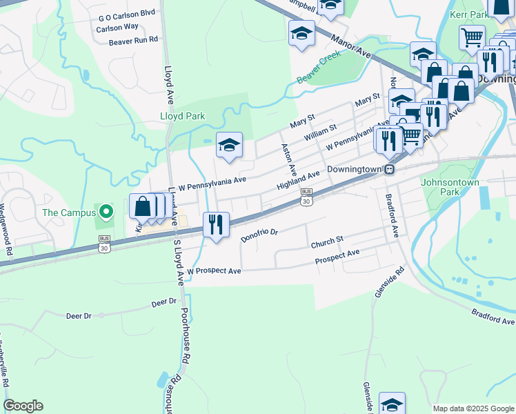 map of restaurants, bars, coffee shops, grocery stores, and more near 541 West Lancaster Avenue in Downingtown