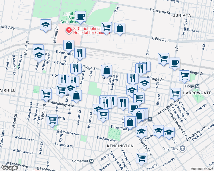 map of restaurants, bars, coffee shops, grocery stores, and more near 516 East Ontario Street in Philadelphia