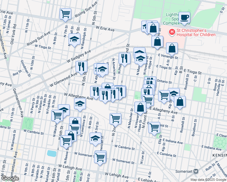 map of restaurants, bars, coffee shops, grocery stores, and more near 3249 North American Street in Philadelphia
