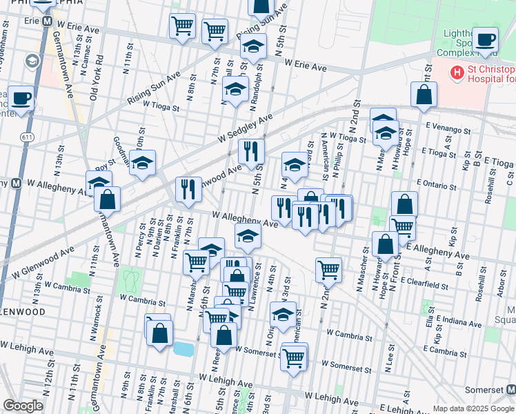 map of restaurants, bars, coffee shops, grocery stores, and more near 3201 North 5th Street in Philadelphia