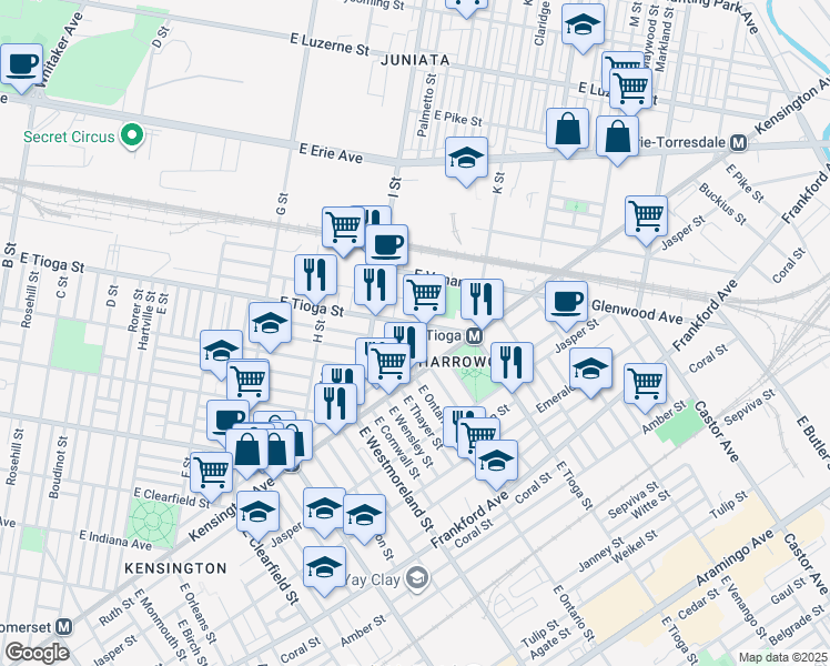 map of restaurants, bars, coffee shops, grocery stores, and more near 1110 East Tioga Street in Philadelphia