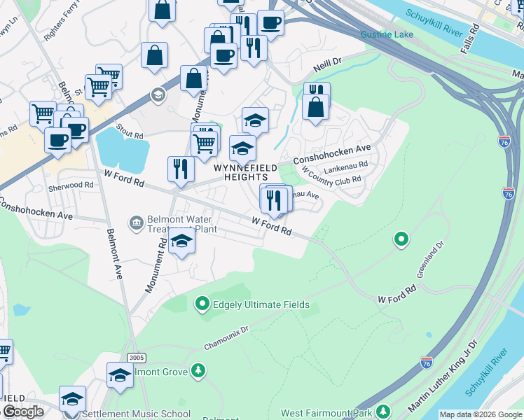 map of restaurants, bars, coffee shops, grocery stores, and more near 2708 Cranston Road in Philadelphia