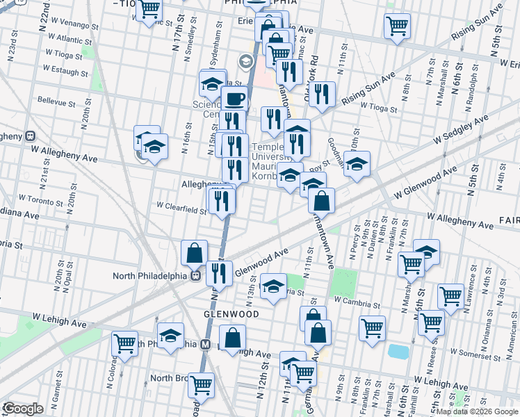 map of restaurants, bars, coffee shops, grocery stores, and more near 1317 West Lippincott Street in Philadelphia