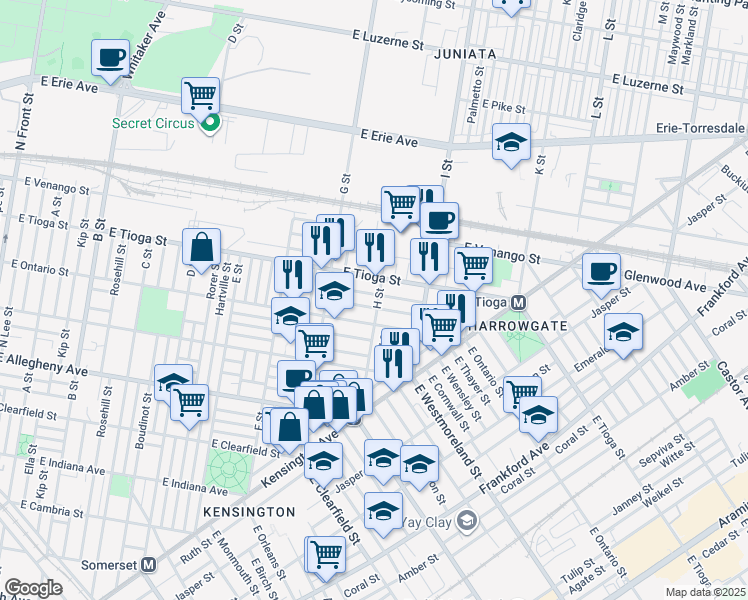 map of restaurants, bars, coffee shops, grocery stores, and more near 3430 H Street in Philadelphia