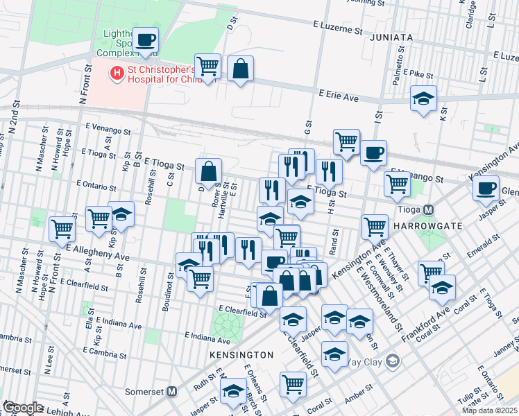 map of restaurants, bars, coffee shops, grocery stores, and more near 3408 F Street in Philadelphia