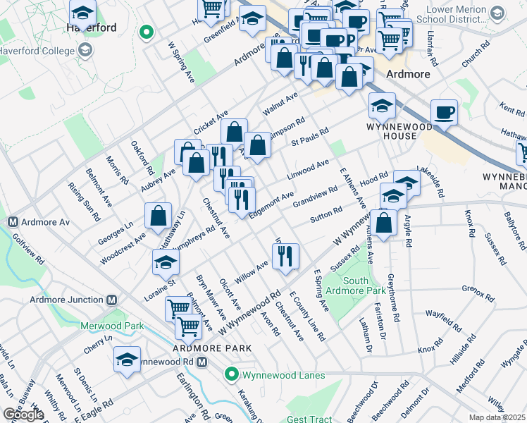 map of restaurants, bars, coffee shops, grocery stores, and more near 213 Edgemont Avenue in Ardmore