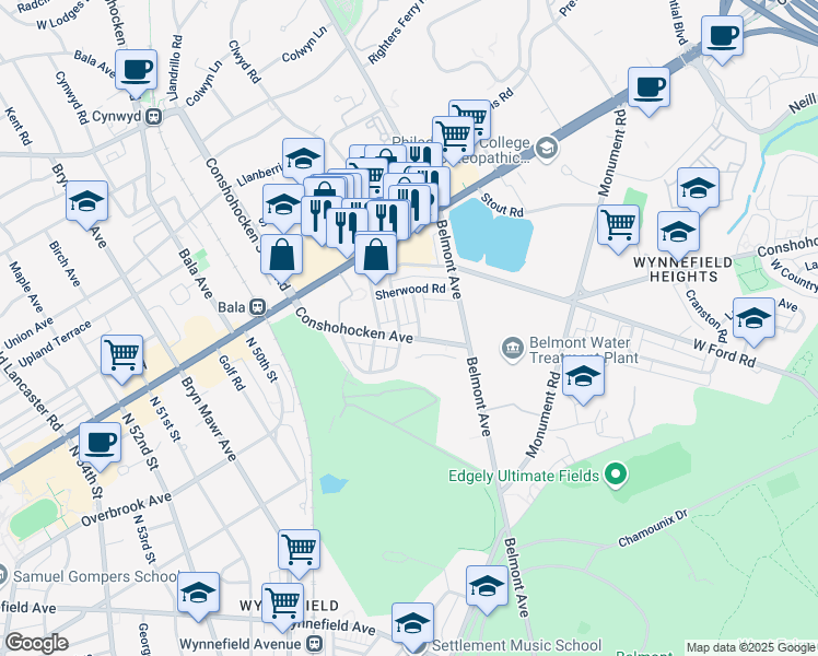 map of restaurants, bars, coffee shops, grocery stores, and more near 4511 Conshohocken Avenue in Philadelphia