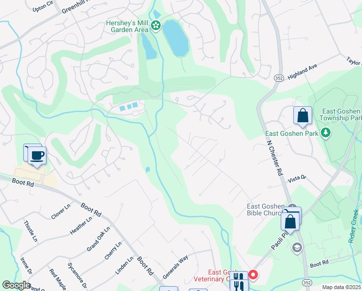 map of restaurants, bars, coffee shops, grocery stores, and more near 960 Cornwallis Drive in West Chester