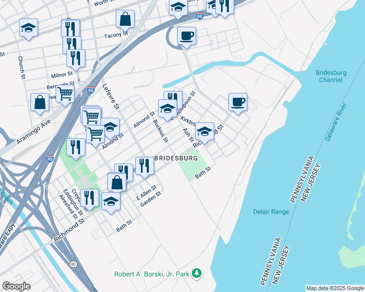 map of restaurants, bars, coffee shops, grocery stores, and more near 4635 Emery Street in Philadelphia