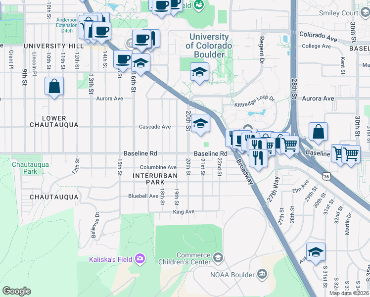 map of restaurants, bars, coffee shops, grocery stores, and more near 711 20th Street in Boulder