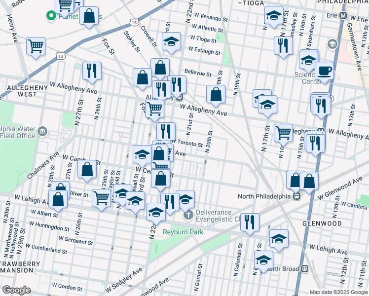 map of restaurants, bars, coffee shops, grocery stores, and more near 3010 North 21st Street in Philadelphia