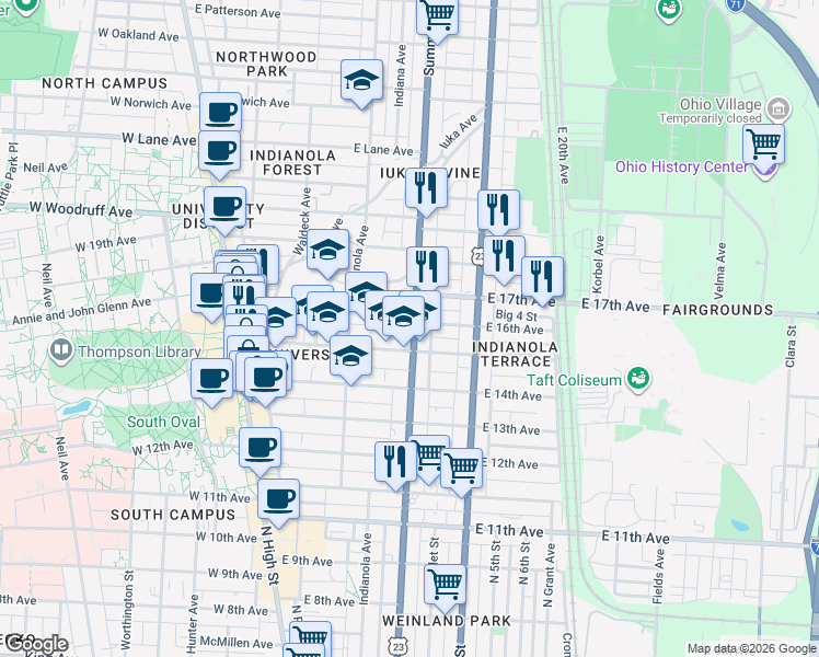 map of restaurants, bars, coffee shops, grocery stores, and more near 1829 Summit Street in Columbus
