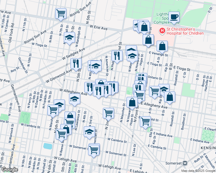 map of restaurants, bars, coffee shops, grocery stores, and more near 3244 North Philip Street in Philadelphia