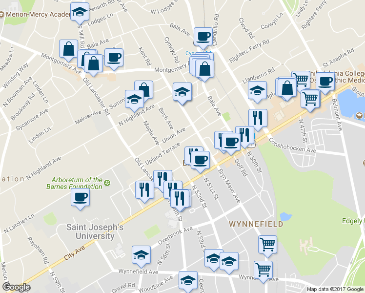 map of restaurants, bars, coffee shops, grocery stores, and more near 122 Upland Terrace in Bala Cynwyd