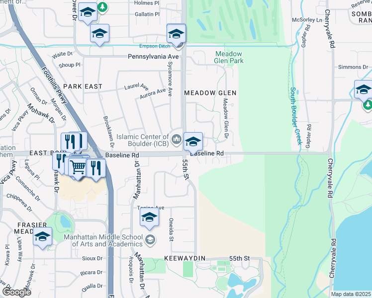 map of restaurants, bars, coffee shops, grocery stores, and more near in Boulder