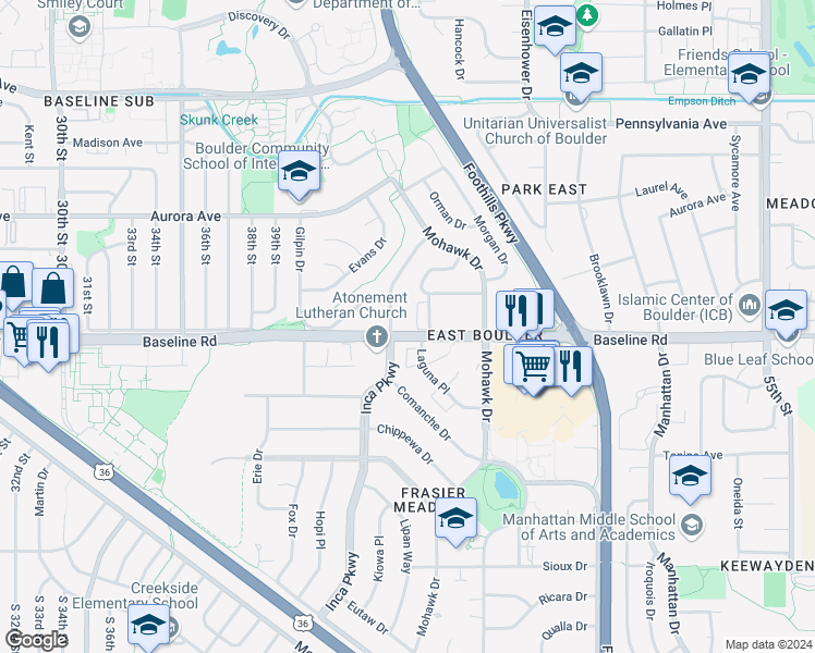 map of restaurants, bars, coffee shops, grocery stores, and more near 4308 Clay Commons Court in Boulder