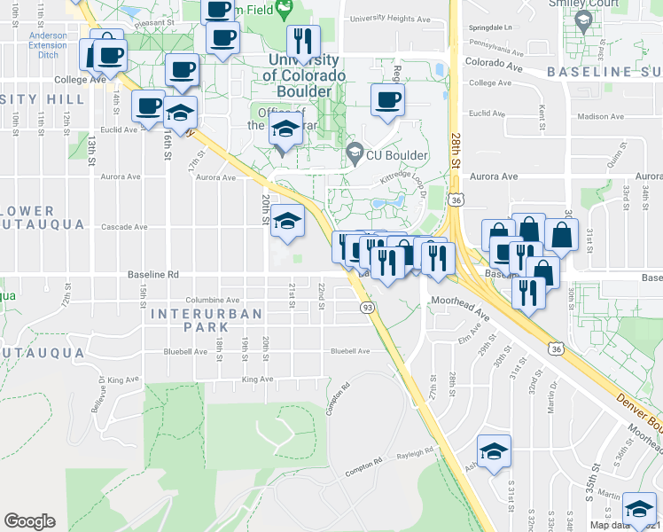 map of restaurants, bars, coffee shops, grocery stores, and more near 2225 Baseline Road in Boulder