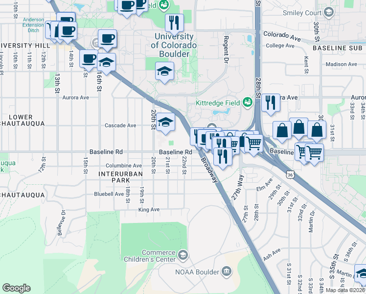 map of restaurants, bars, coffee shops, grocery stores, and more near 2141 Baseline Road in Boulder