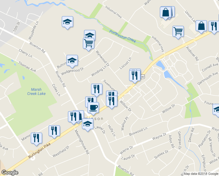 map of restaurants, bars, coffee shops, grocery stores, and more near 1002 Sweetwater Drive in Cinnaminson