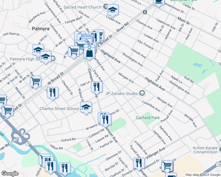 map of restaurants, bars, coffee shops, grocery stores, and more near 820 Parry Avenue in Palmyra