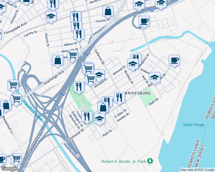 map of restaurants, bars, coffee shops, grocery stores, and more near 4456 East Thompson Street in Philadelphia