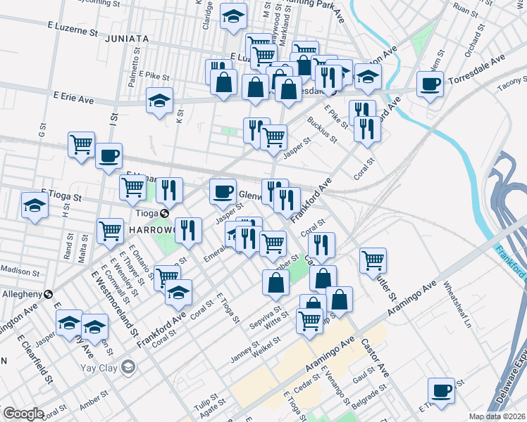 map of restaurants, bars, coffee shops, grocery stores, and more near 1927 East Pacific Street in Philadelphia