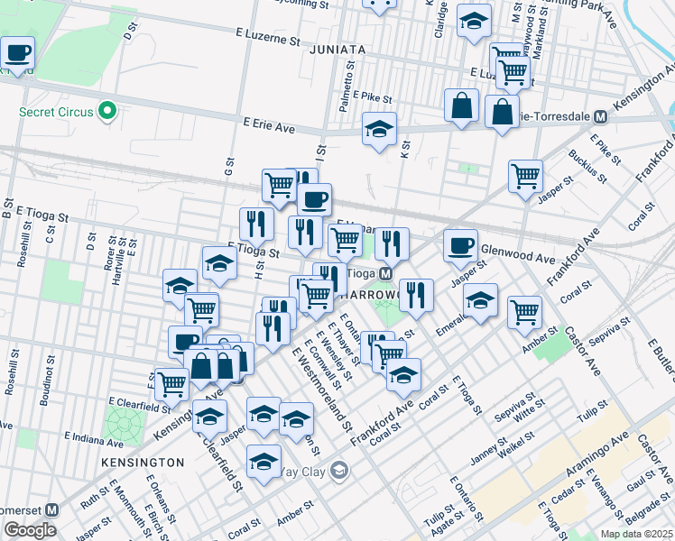 map of restaurants, bars, coffee shops, grocery stores, and more near 1110 East Tioga Street in Philadelphia
