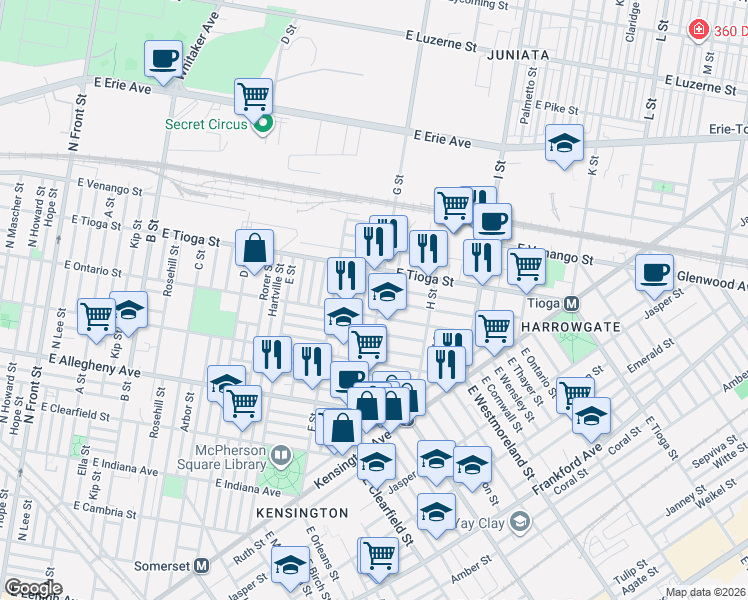 map of restaurants, bars, coffee shops, grocery stores, and more near 3410 Reach Street in Philadelphia