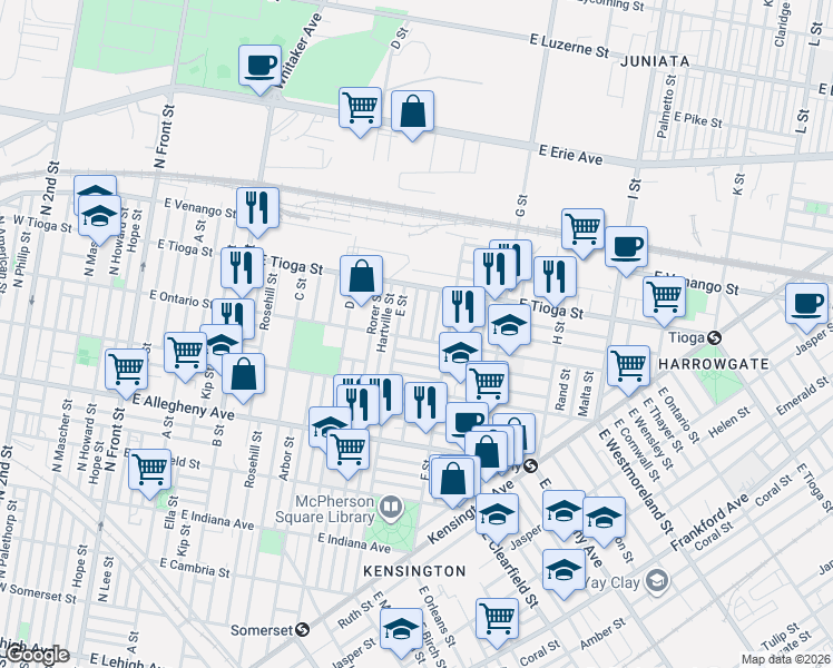 map of restaurants, bars, coffee shops, grocery stores, and more near 3405 E Street in Philadelphia
