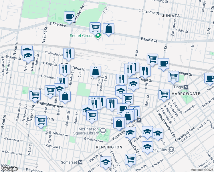 map of restaurants, bars, coffee shops, grocery stores, and more near 3405 E Street in Philadelphia