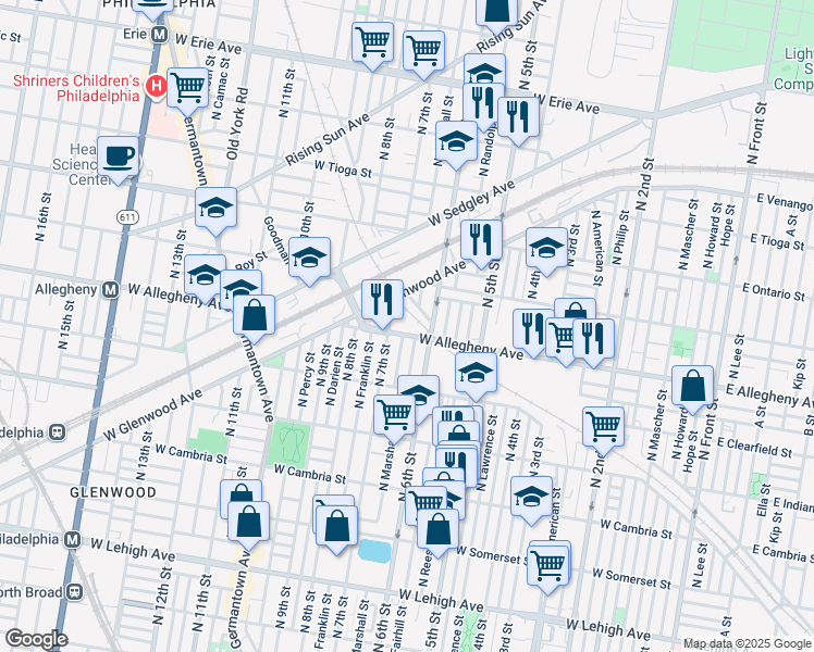 map of restaurants, bars, coffee shops, grocery stores, and more near 620R West Tusculum Street in Philadelphia