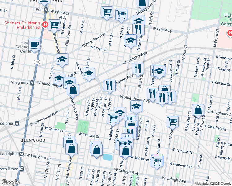 map of restaurants, bars, coffee shops, grocery stores, and more near 620R West Tusculum Street in Philadelphia