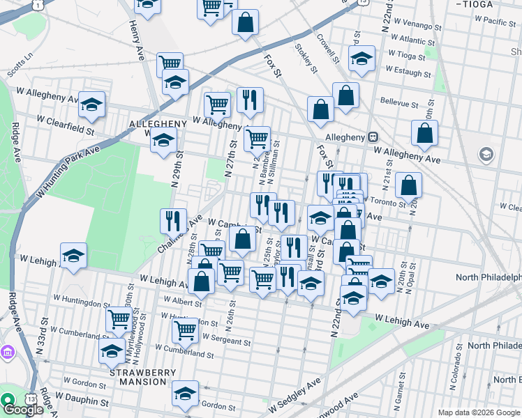 map of restaurants, bars, coffee shops, grocery stores, and more near 2949 North Bambrey Street in Philadelphia