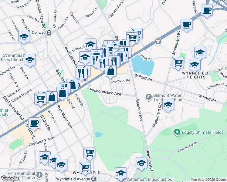 map of restaurants, bars, coffee shops, grocery stores, and more near 4705 Conshohocken Avenue in Philadelphia