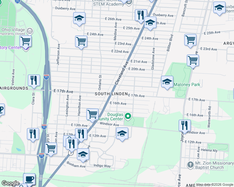 map of restaurants, bars, coffee shops, grocery stores, and more near 1698 Cleveland Avenue in Columbus
