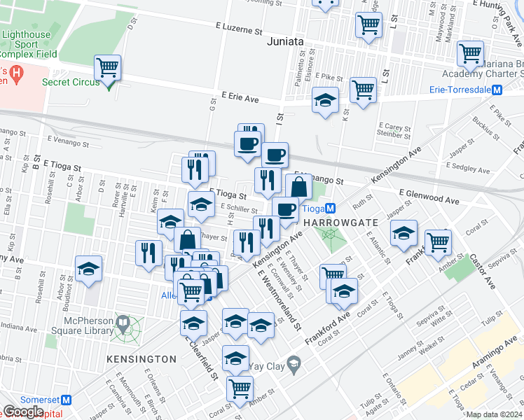 map of restaurants, bars, coffee shops, grocery stores, and more near 965 East Schiller Street in Philadelphia