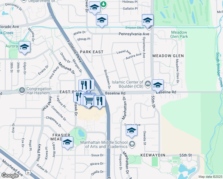 map of restaurants, bars, coffee shops, grocery stores, and more near 700 Brooklawn Drive in Boulder
