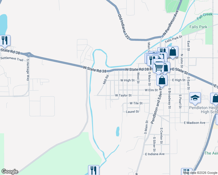 map of restaurants, bars, coffee shops, grocery stores, and more near 220 South Jefferson Street in Pendleton