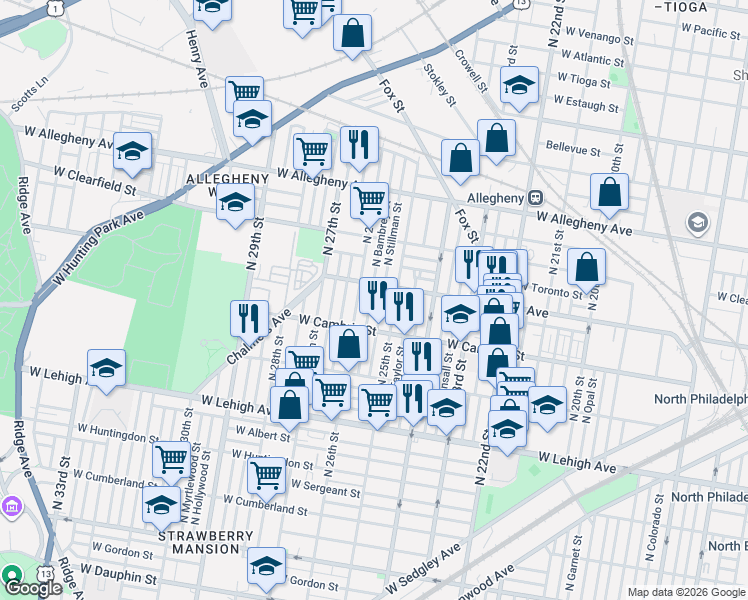 map of restaurants, bars, coffee shops, grocery stores, and more near 2949 North Bambrey Street in Philadelphia