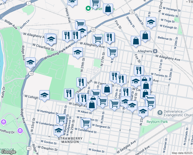 map of restaurants, bars, coffee shops, grocery stores, and more near 2927 North Marston Street in Philadelphia
