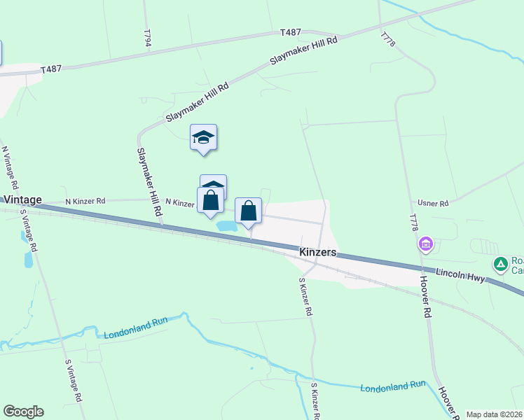 map of restaurants, bars, coffee shops, grocery stores, and more near 45 North Kinzer Road in Kinzers