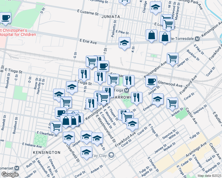 map of restaurants, bars, coffee shops, grocery stores, and more near 3460 J Street in Philadelphia
