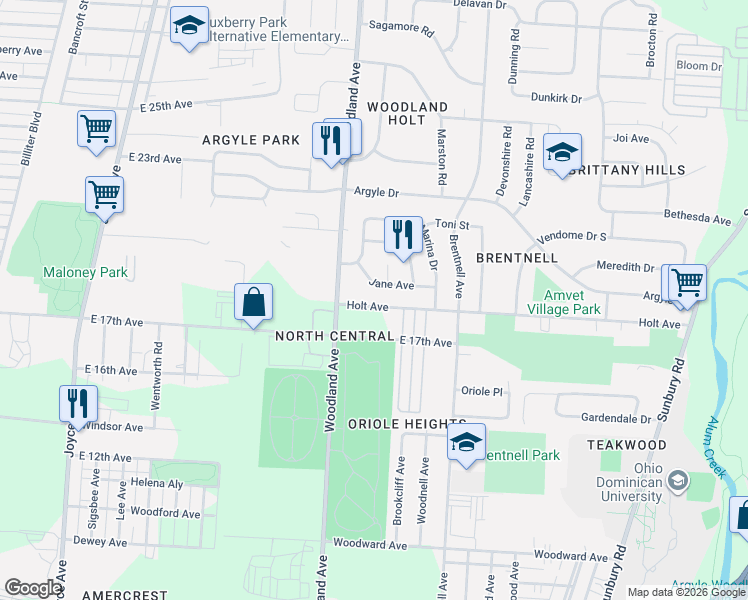 map of restaurants, bars, coffee shops, grocery stores, and more near 2014 Holt Avenue in Columbus