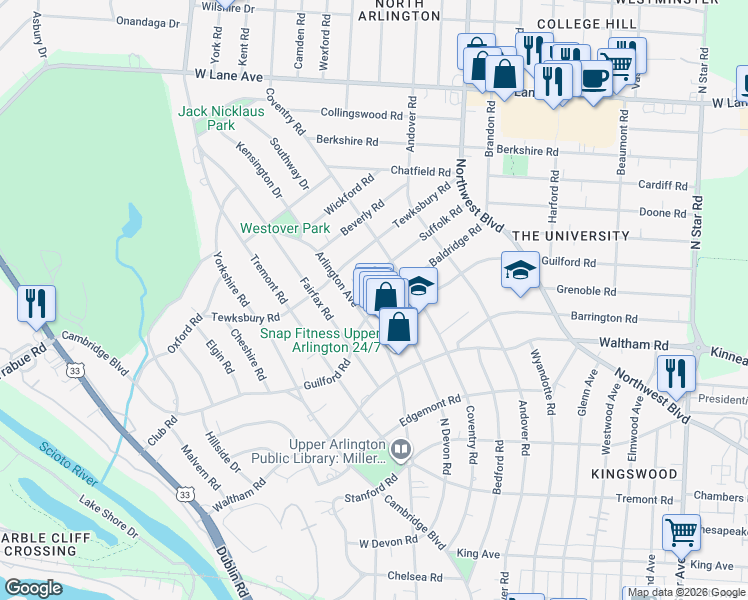 map of restaurants, bars, coffee shops, grocery stores, and more near 2164 Arlington Avenue in Upper Arlington