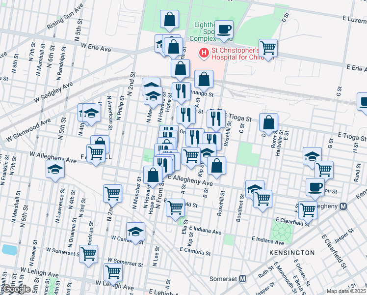 map of restaurants, bars, coffee shops, grocery stores, and more near 3315 N Water St in Philadelphia