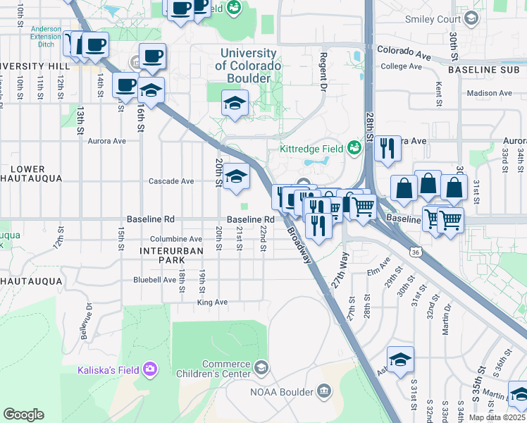 map of restaurants, bars, coffee shops, grocery stores, and more near 2141 Baseline Road in Boulder